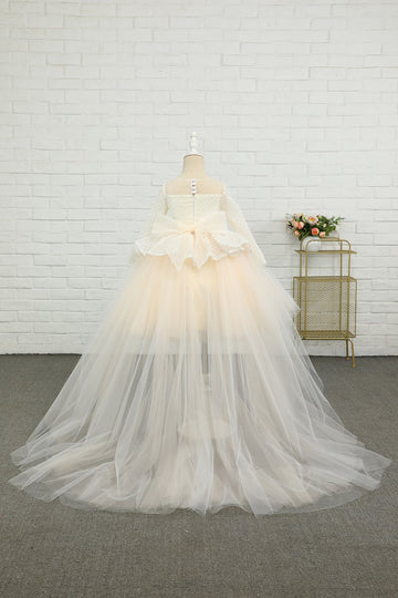 Vestido de menina flor de damasco alto-baixo com arco